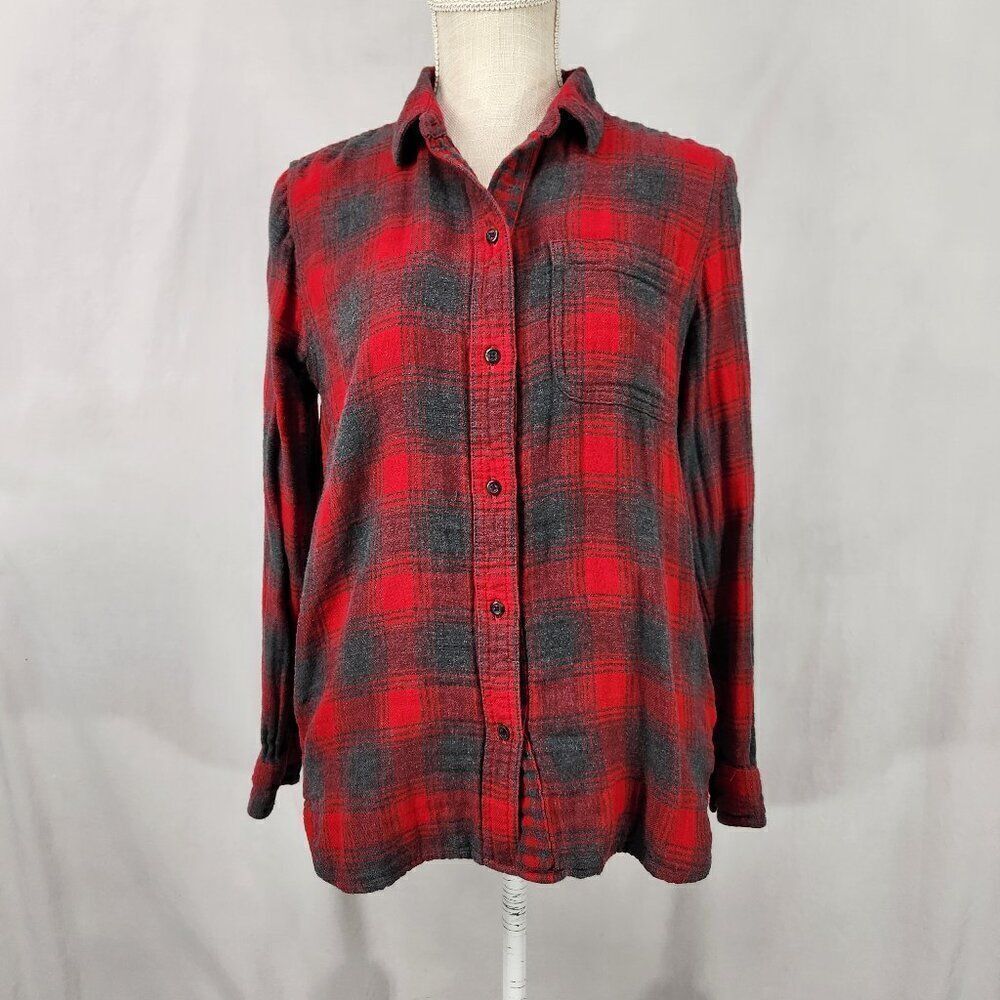 Madewell Button Up Flannel Shirt Womens Size Small Red Gray Plaid Side Pockets